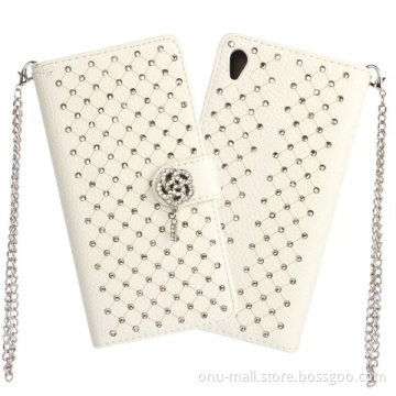 Diamond Bling Flower Magnet Flip Leather Case Cover for Sony Xperia Z4 Wallet Case with Chain